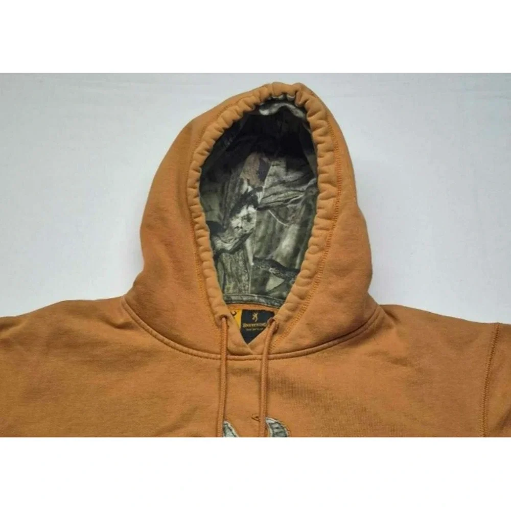 Browning Outdoor men's orange hoodie camo lined hood deer logo sz. L drawstring‎
